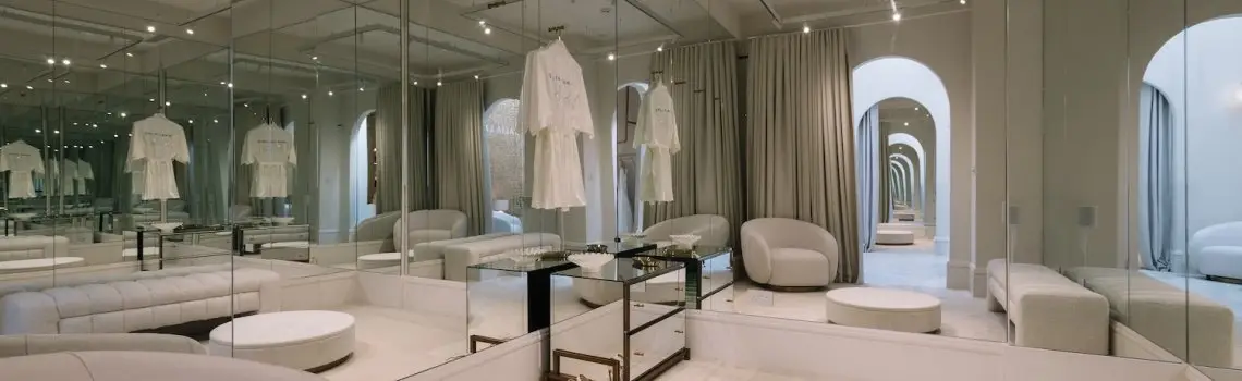 KP Glazing London A luxurious, modern lounge with mirrored walls, plush white seating, arched doorways, and soft lighting. Robes hang from the ceiling, and glass tables add to the elegant, spacious atmosphere.