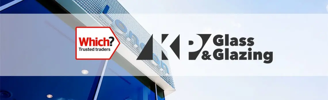 KP Glazing London Logo for KP Glass & Glazing with a Which? Trusted Traders badge over a background of a modern glass building and a blue sky.
