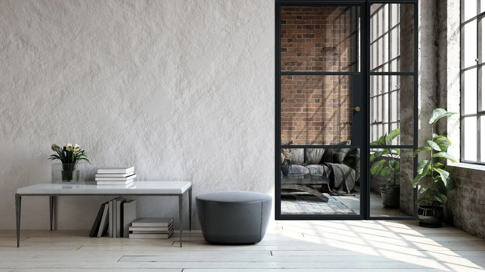 KP Glazing London Minimalist living space with a white textured wall, a marble console table with books and flowers, a grey ottoman, large glass doors, and a view of a cosy room with a sofa, brick walls, and several green plants.