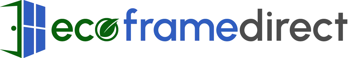 KP Glazing London Logo for "eco frame direct" with a stylised blue door, "eco" in green with a leaf inside the letter "o," and "frame direct" in blue and grey text.