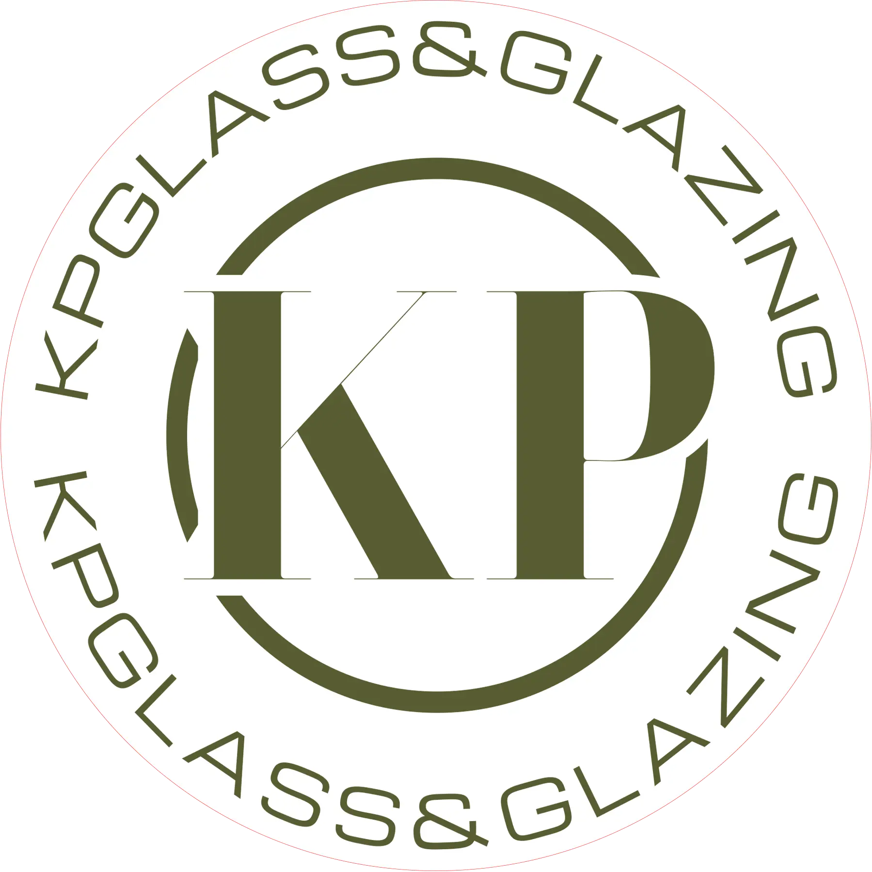 KP Glazing London A circular logo with the large letters "KP" in the centre. Around the edge, the words "KPGLASS&GLAZING" are repeated twice in olive green text on a white background.
