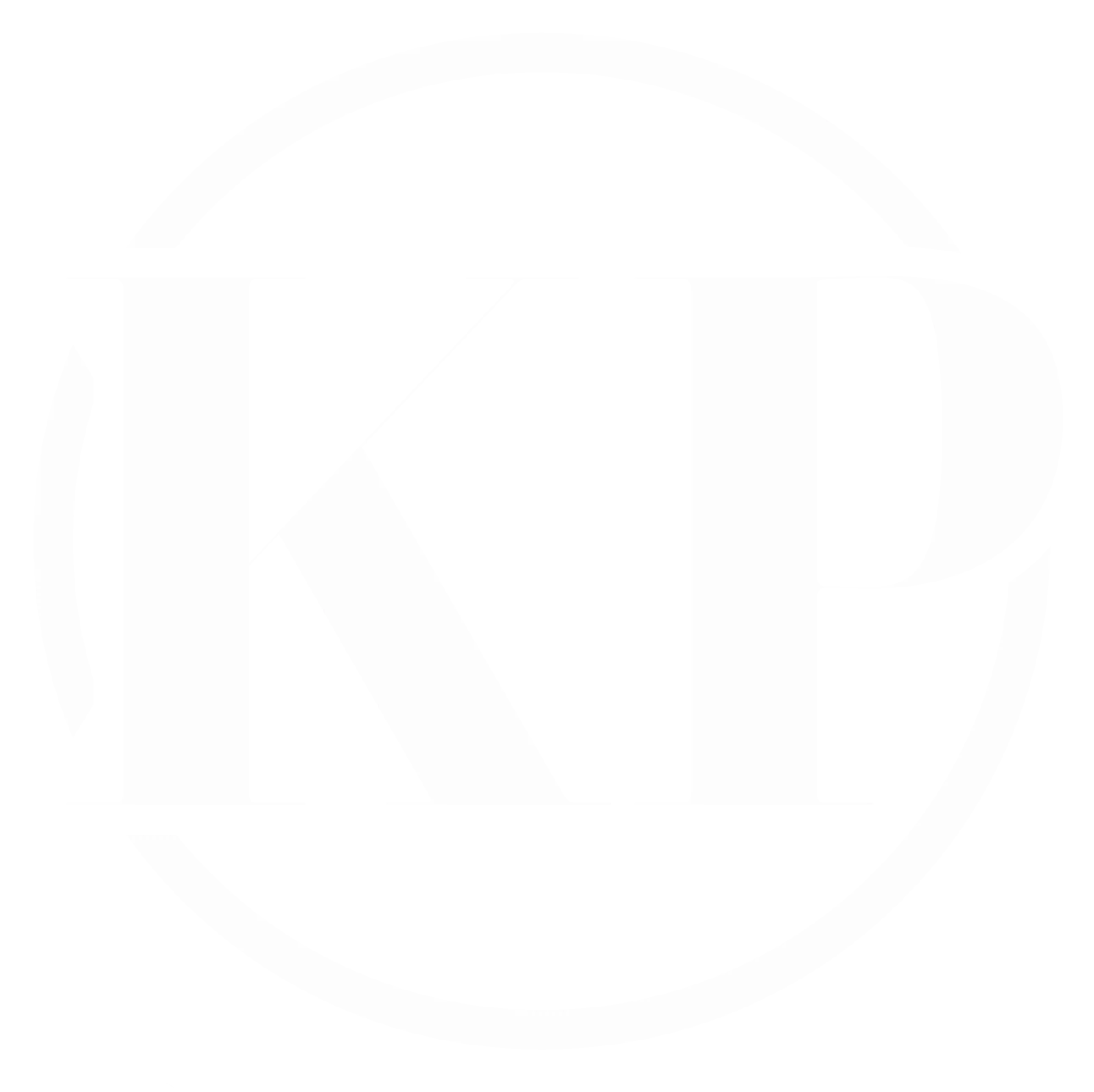 KP Glazing London White graphic logo featuring the capital letters "K" and "P" in a bold, modern font, overlapping within a circular outline, on a light grey background.