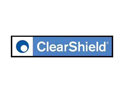 KP Glazing London A blue and white logo with a circular icon on the left and the word "ClearShield" in bold white letters on a blue background.