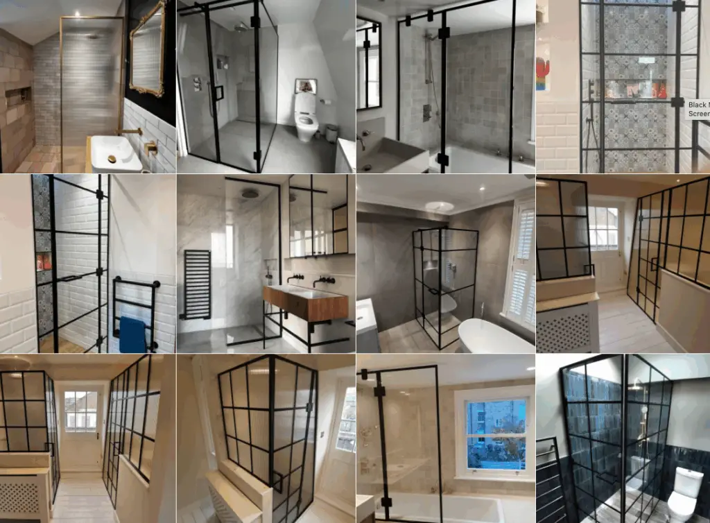 KP Glazing London Collage of twelve bathrooms showcasing modern showers with black-framed glass doors and panels, various tile designs, vanities, and lighting styles. Some showers have walk-in entrances or bath enclosures.