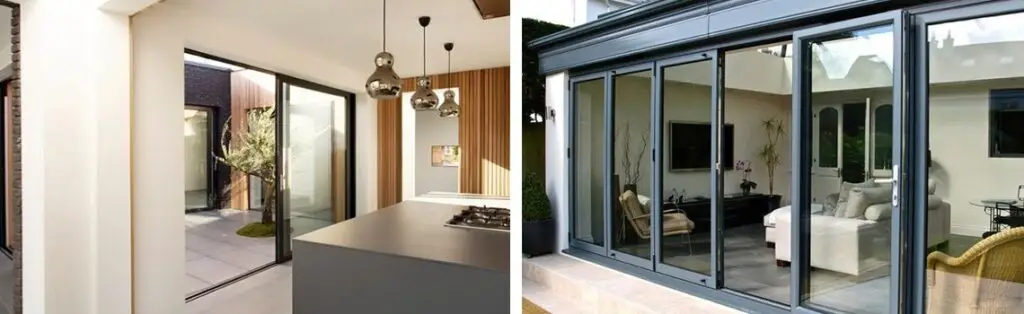 KP Glazing London Side-by-side images of modern rooms with large glass sliding doors; the left room opens to a small courtyard, while the right room opens to a patio with a view of a living area inside.