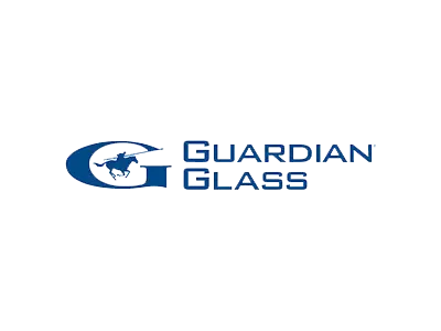KP Glazing London The Guardian Glass logo featuring a large blue letter "G" with a silhouette of a horse and rider inside, next to the words "Guardian Glass" in blue capital letters on a white background.