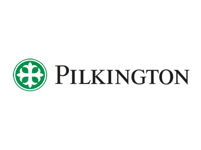 KP Glazing London The Pilkington logo featuring a green circular emblem with a white abstract design on the left, and the word "PILKINGTON" in black capital letters to the right.