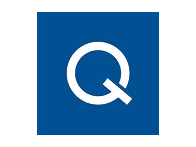 KP Glazing London A bold, white letter "Q" on a solid blue square background.