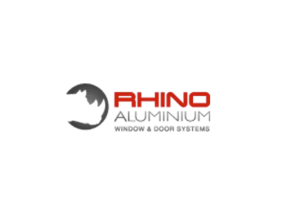 KP Glazing London Logo for Rhino Aluminium Window & Door Systems. Features a stylised rhino head inside a circle on the left, with "RHINO" in bold red text and "ALUMINIUM Window & Door Systems" in grey on the right.