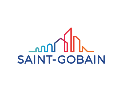 KP Glazing London Saint-Gobain logo with colourful, stylised building outlines above the company name in bold blue letters on a light background.