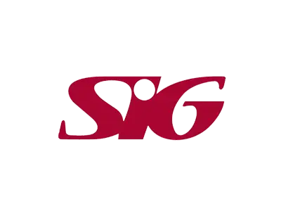 KP Glazing London Red stylised letters "SIG" on a white background, with the dot of the "I" integrated into the curve of the "S" and the "G" connected smoothly to the other letters.