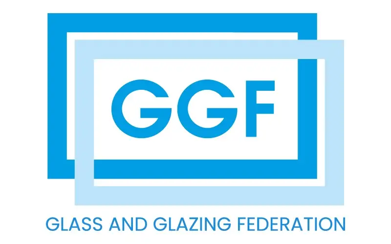 KP Glazing London Logo of the Glass and Glazing Federation, featuring the letters "GGF" inside overlapping blue rectangles, with the text "GLASS AND GLAZING FEDERATION" below.