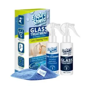 KP Glazing London EnduroShield Glass Treatment kit for showers, includes two spray bottles, a blue microfibre cloth, and the product box displaying key features like ease of use, water repellency, and three-year protection.