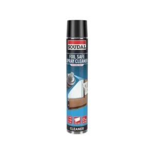 KP Glazing London A tin of Soudal Foil Safe Spray Cleaner with a black cap and blue label, showing it is suitable for cleaning surfaces without damaging foil coverings.