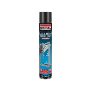 KP Glazing London A tin of Soudal Glass & Mirror Foam Cleaner with a black cap and a label showing a window being sprayed, against a white background.