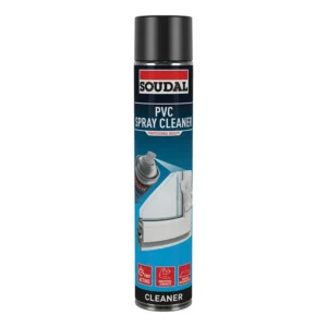 KP Glazing London A tin of Soudal PVC Spray Cleaner with a black cap, featuring images of a spray and a window frame on the label. The label is primarily blue, black, red, and white and emphasises fast-acting cleaning.