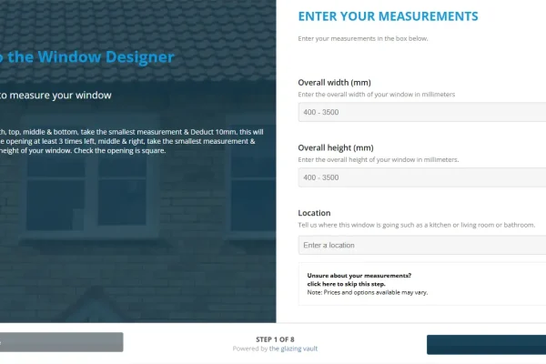 KP Glazing London A window measurement form on a website with fields for overall width, height (in mm), and location, alongside instructions, a "NEXT STEP" button, and a partially visible image of a house in the background.